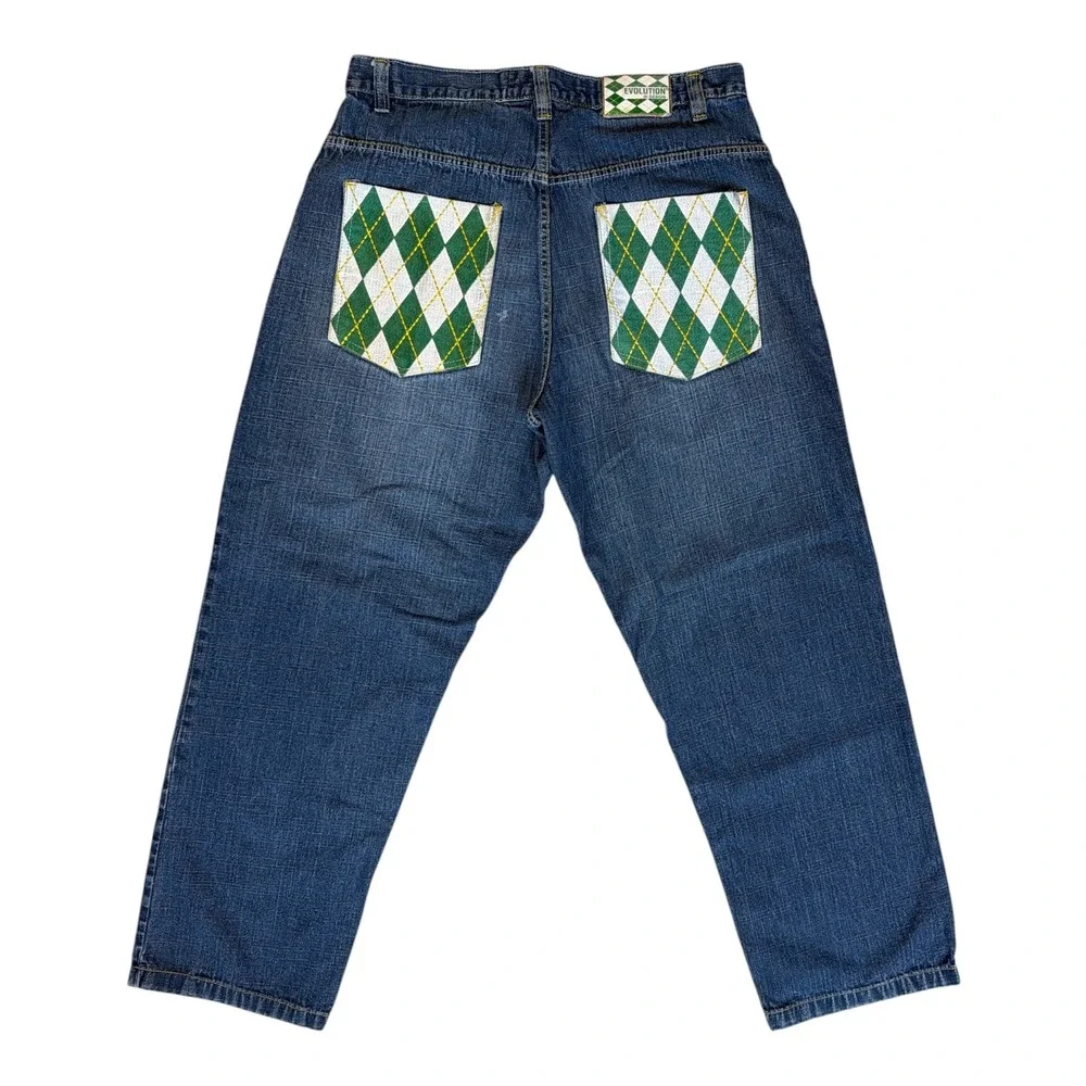 Evolution Design Men Baggy Argyle Pocket Jeans Blue Denim 38x32 Y2K Streetwear